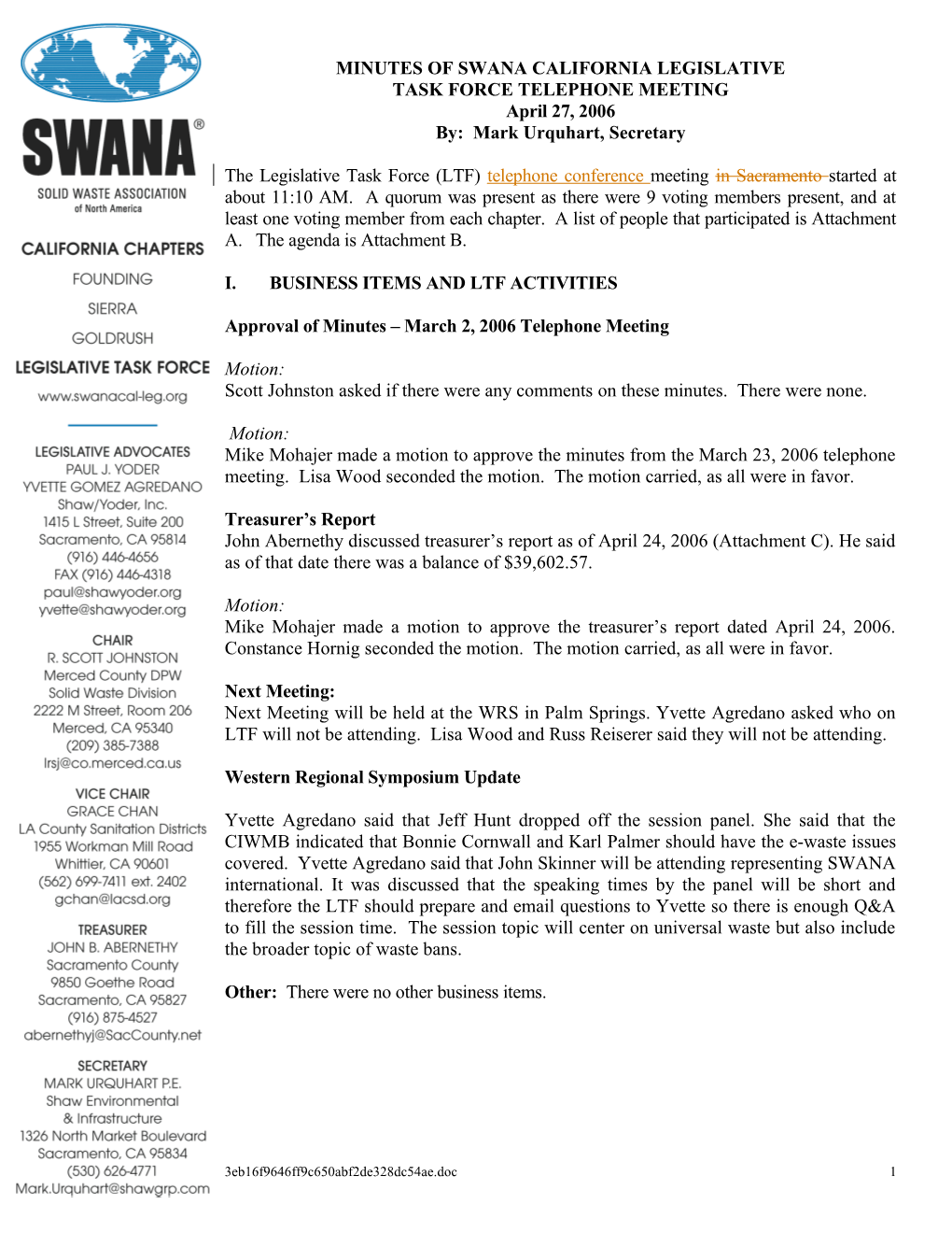 Minutes of Swana California Legislative