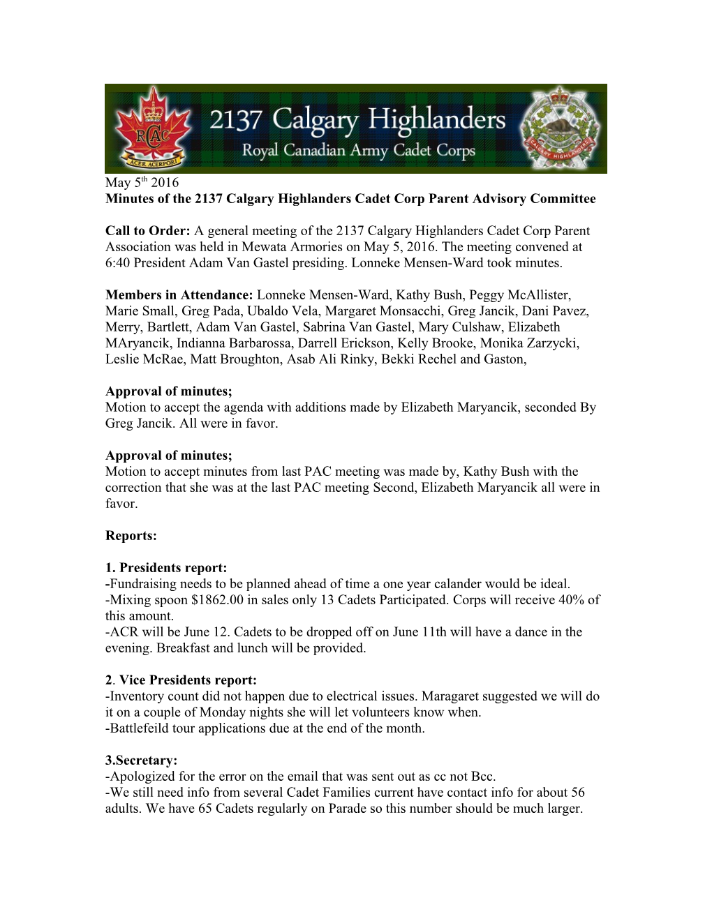 Minutes of the 2137 Calgary Highlanders Cadet Corp Parent Advisory Committee