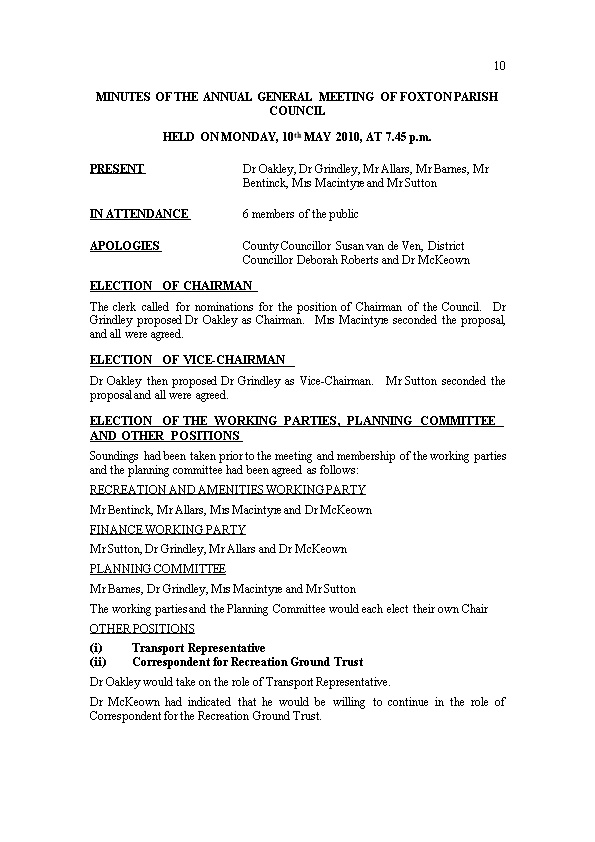 Minutes of the Annual General Meeting of Foxton Parish Council
