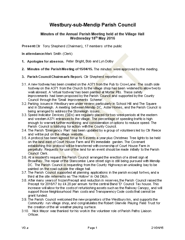 Minutes of the Annual Parish Meeting Held at the Village Hall