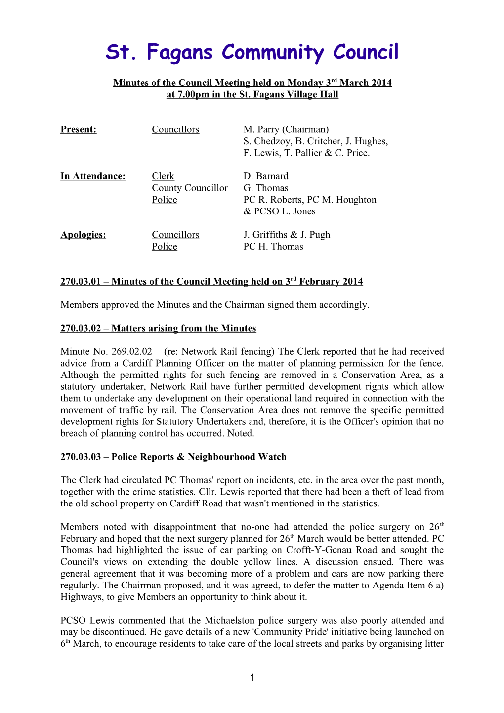 Minutes of the Council Meeting Held on Monday 3Rd March 2014