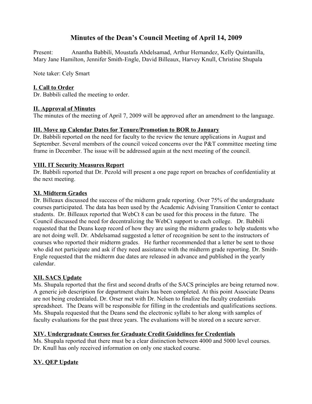 Minutes of the Dean S Council Meeting of April 14, 2009
