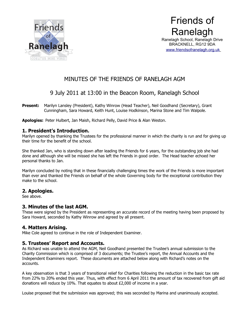 Minutes of the Friends of Ranelagh Egm