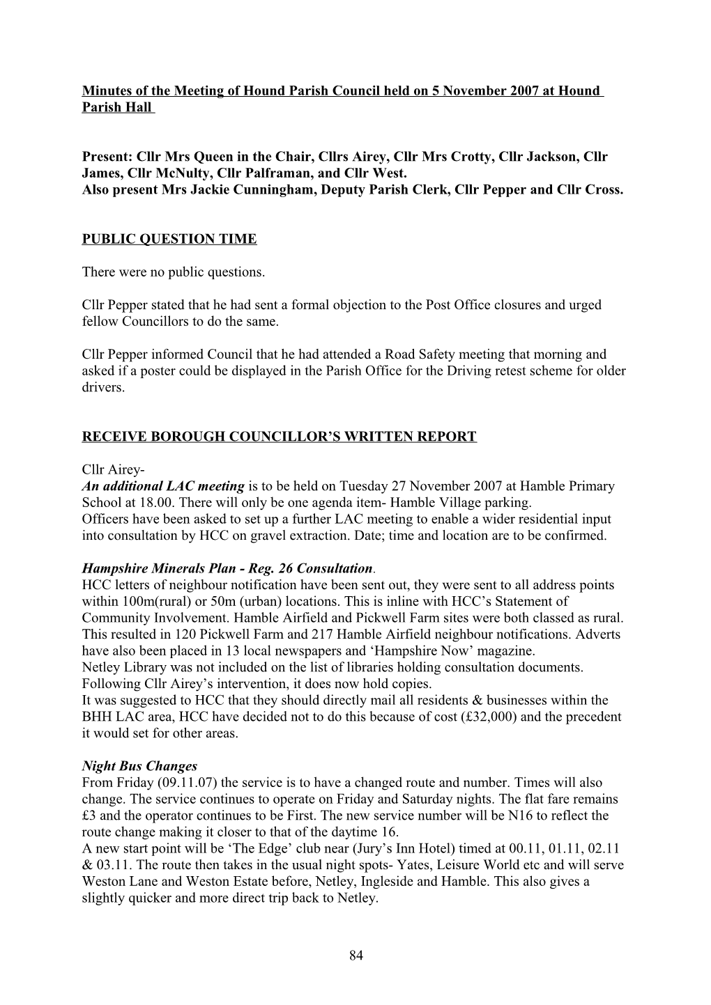 Minutes of the Meeting of Hound Parish Council Held on 5 November 2007 at Hound Parish Hall