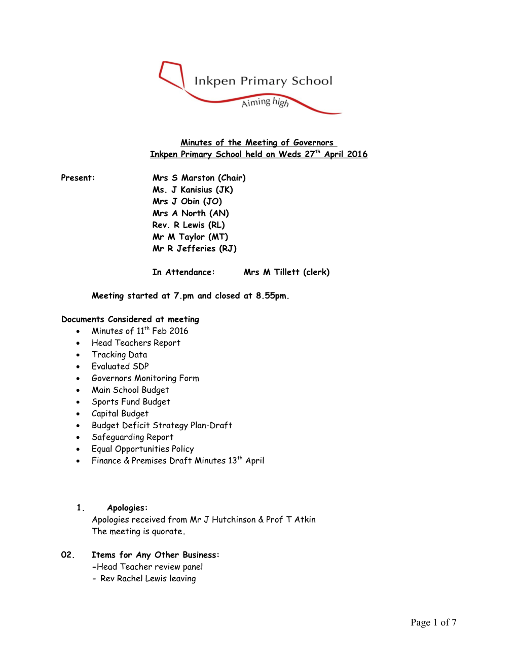 Minutes of the Meeting of the Governors of Inkpen Primary School Held on Thursday 01 February