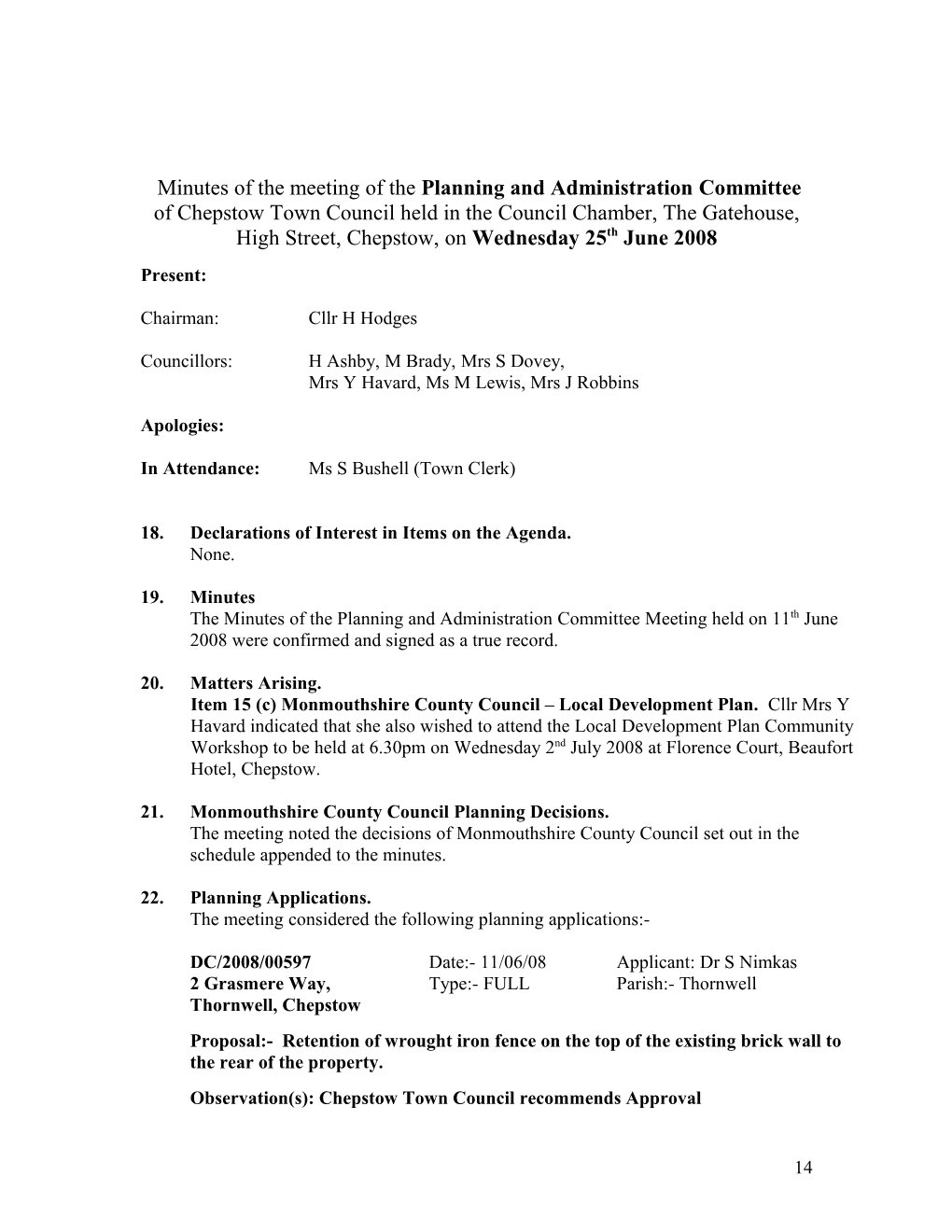 Minutes of the Meeting of the Planning and Administration Committee of Chepstow Town Council