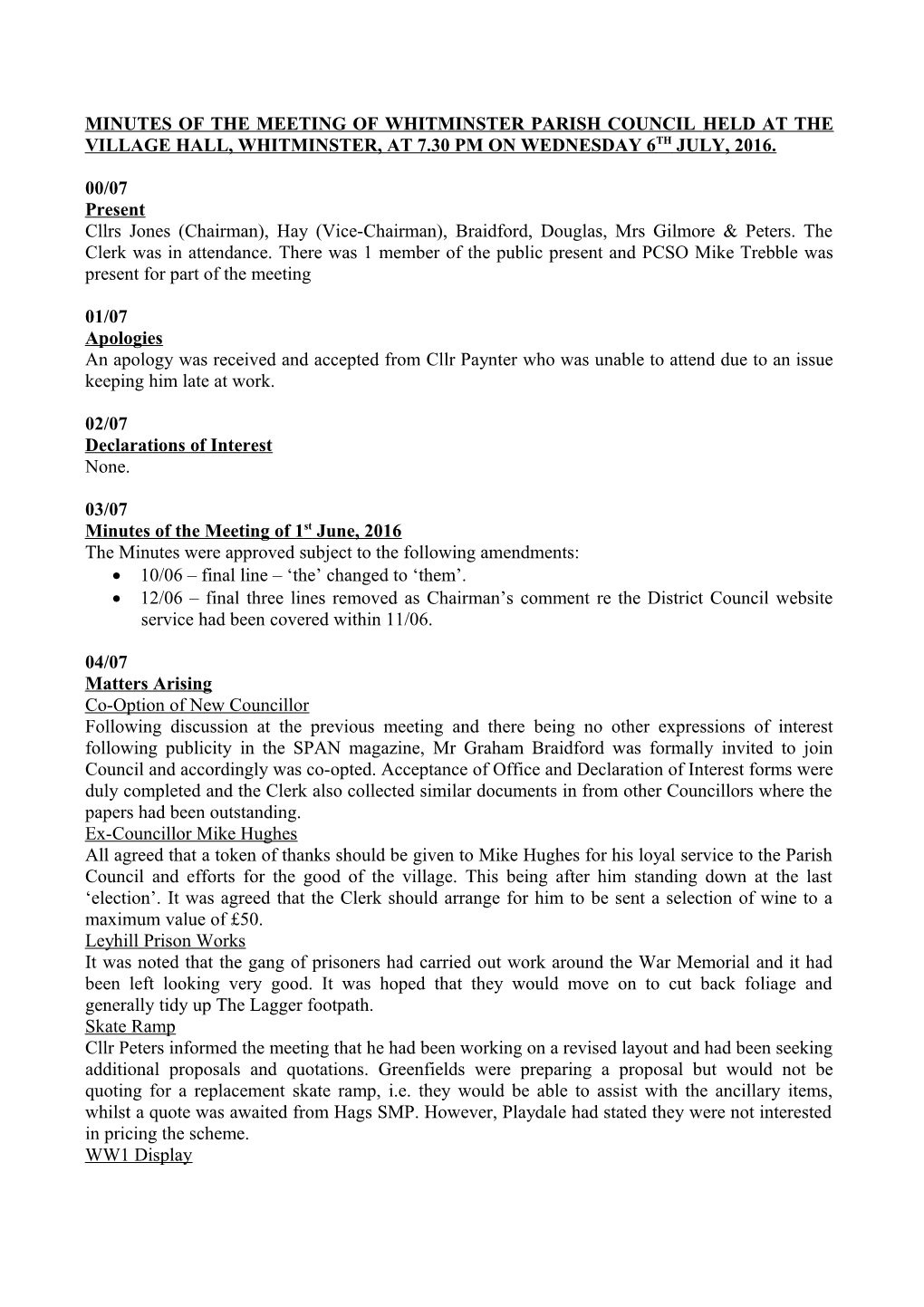 Minutes of the Meeting of Whitminster Parish Council