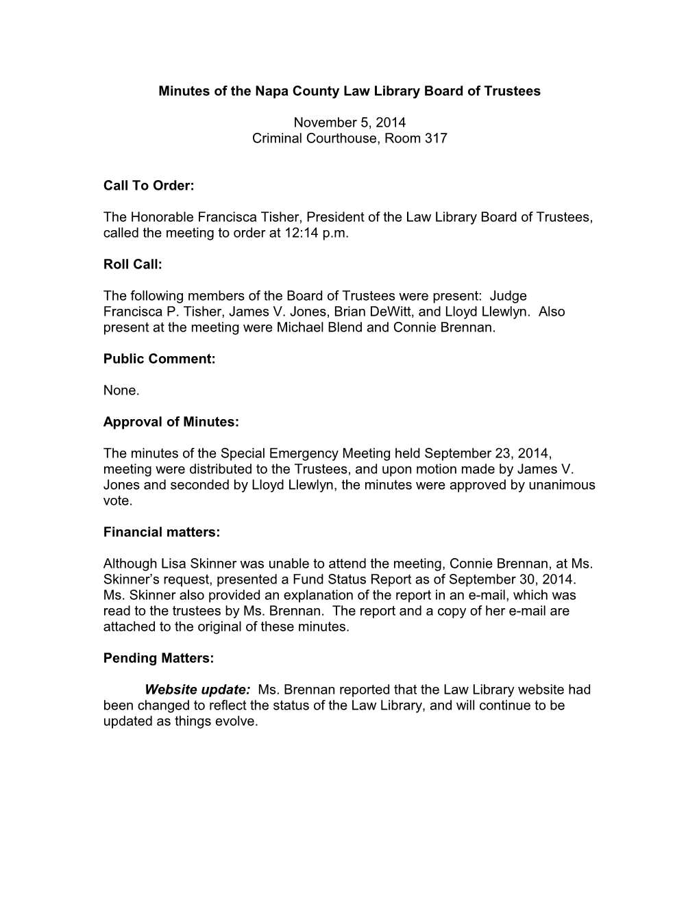 Minutes of the Napa County Law Library Board of Trustees
