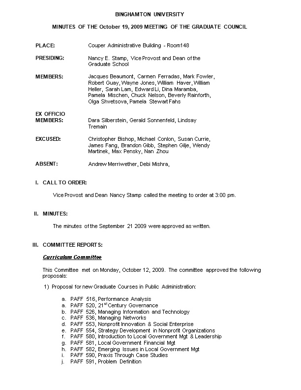 MINUTES of the October 19, 2009MEETING of the GRADUATE COUNCIL