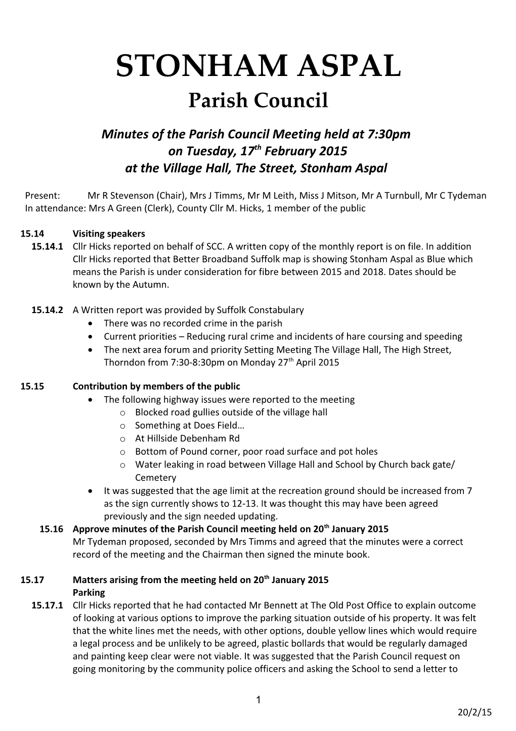 Minutes of the Parish Council Meeting Held at 7:30Pm