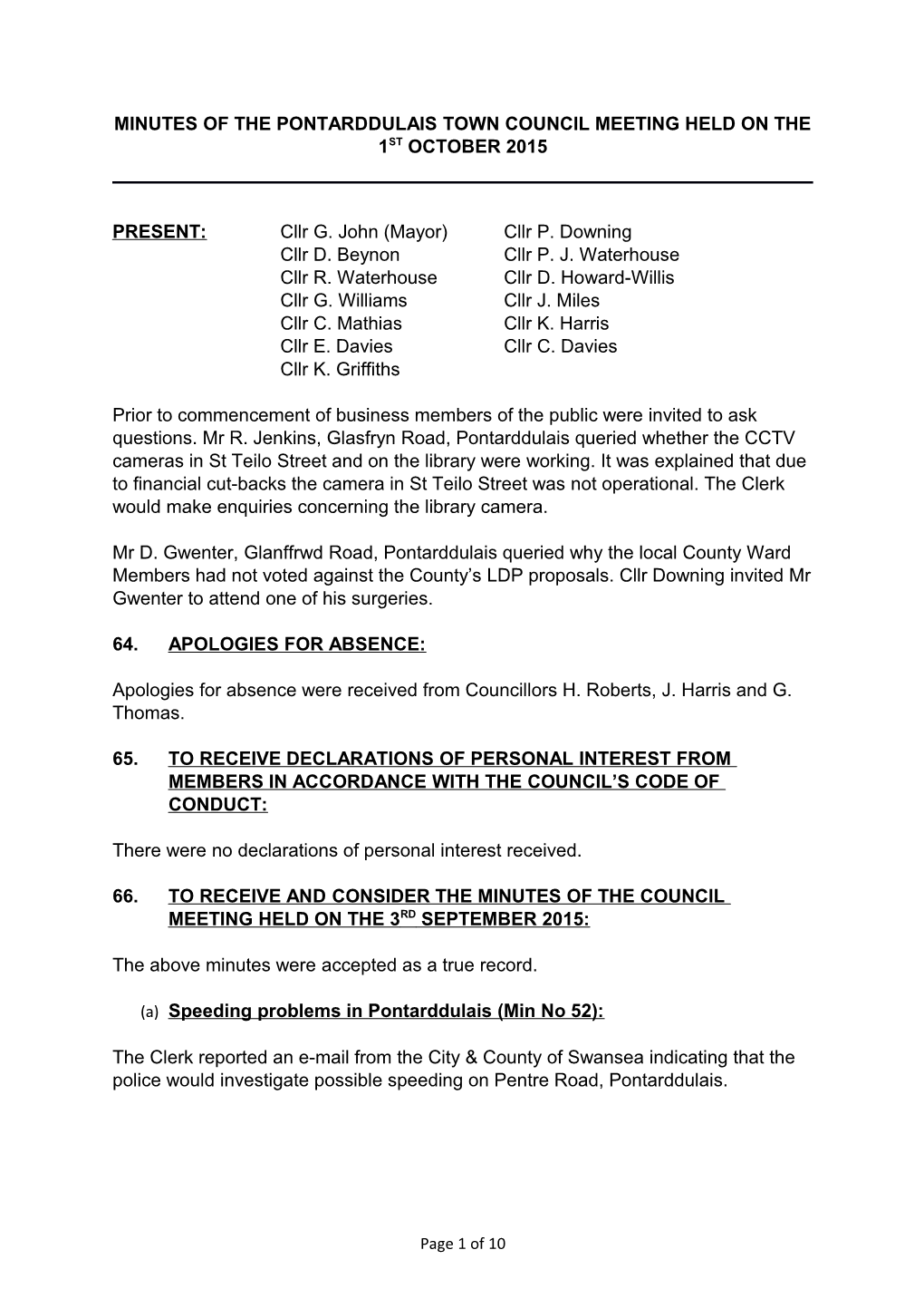 Minutes of the Pontarddulais Town Council Meeting Held on the 1St October 2015