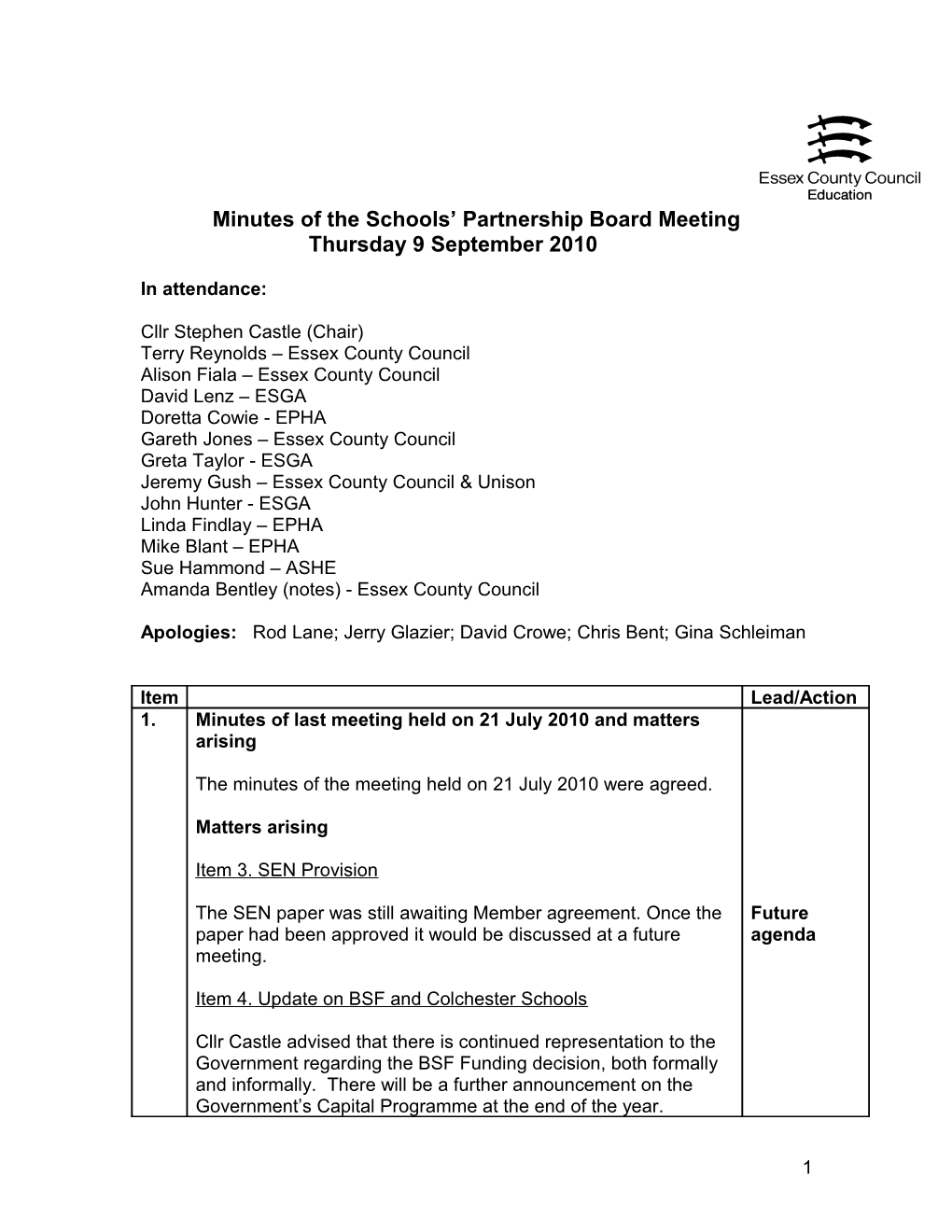 Minutes of the Schools Partnership Board Meeting