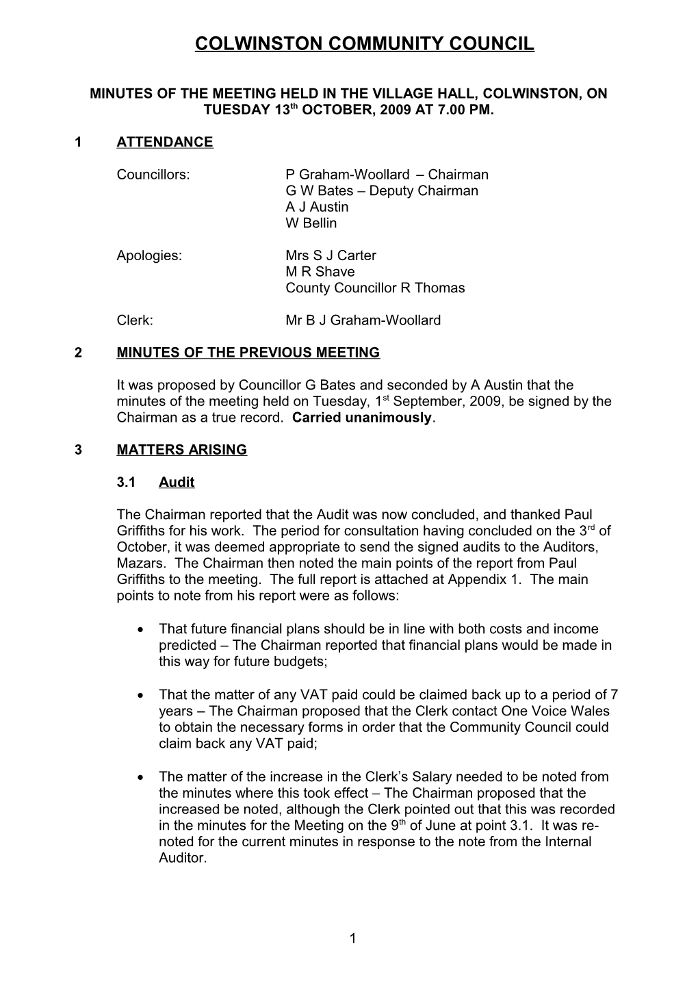 Minutes of the Special Meeting Held in the Village Hall, Colwinston, on Tuesday 6Th May