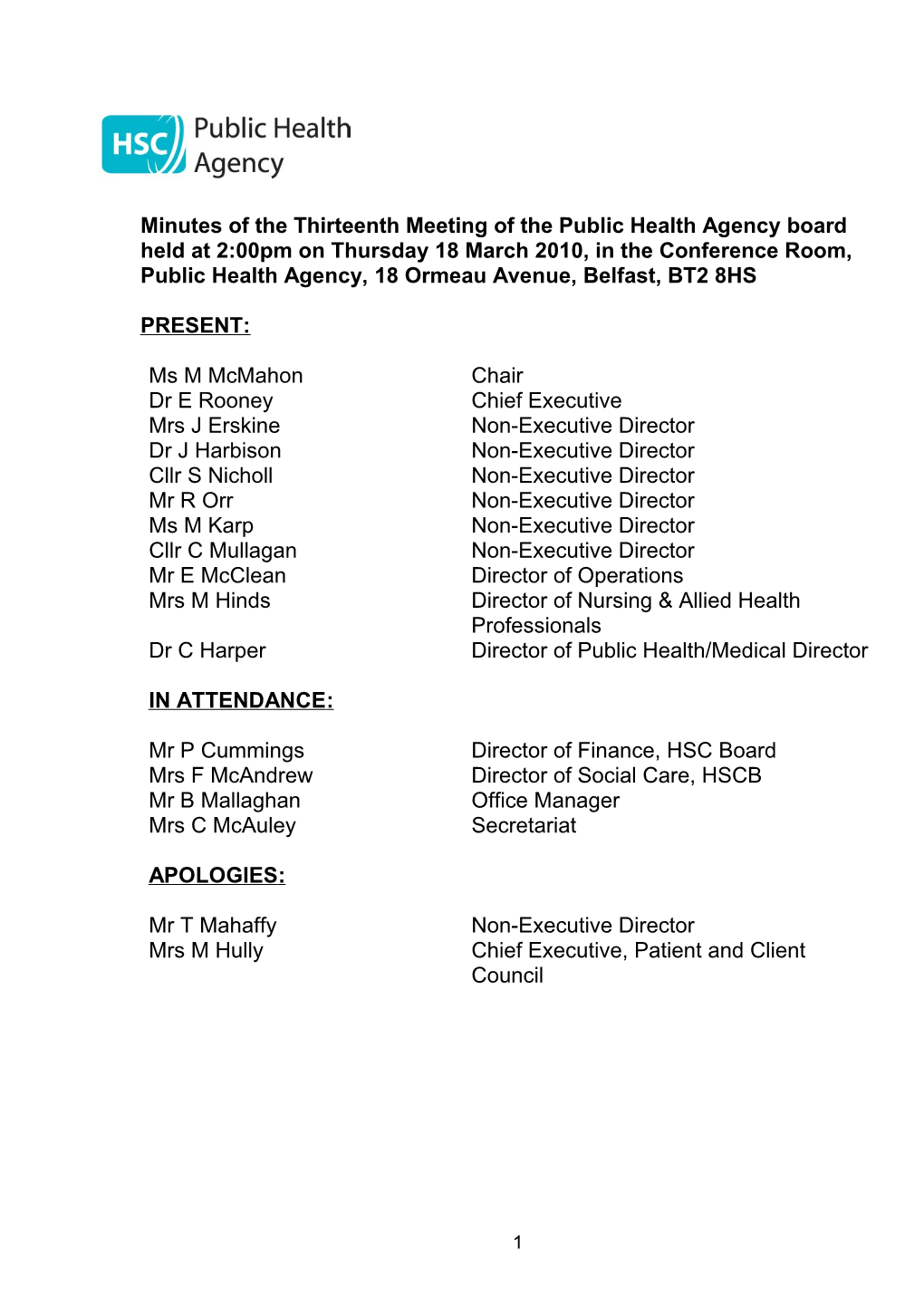 Minutes of the Thirteenth Meeting of the Public Health Agency Board