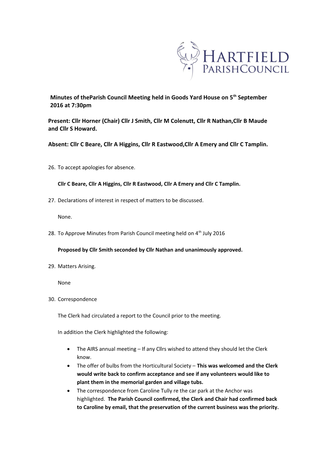 Minutes of Theparish Council Meeting Held in Goods Yard House on 5Th September 2016 at 7:30Pm