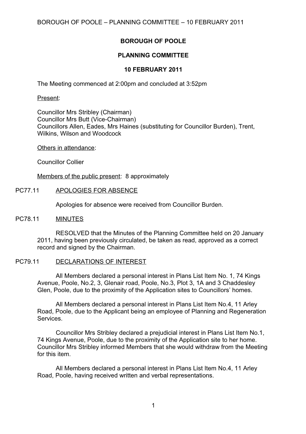 Minutes - Planning Committee - 10 February 2011