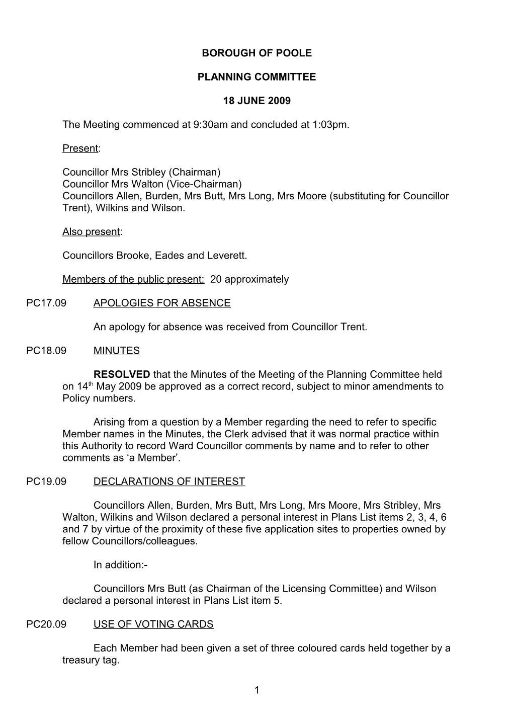 Minutes - Planning Committee - 18 June 2009