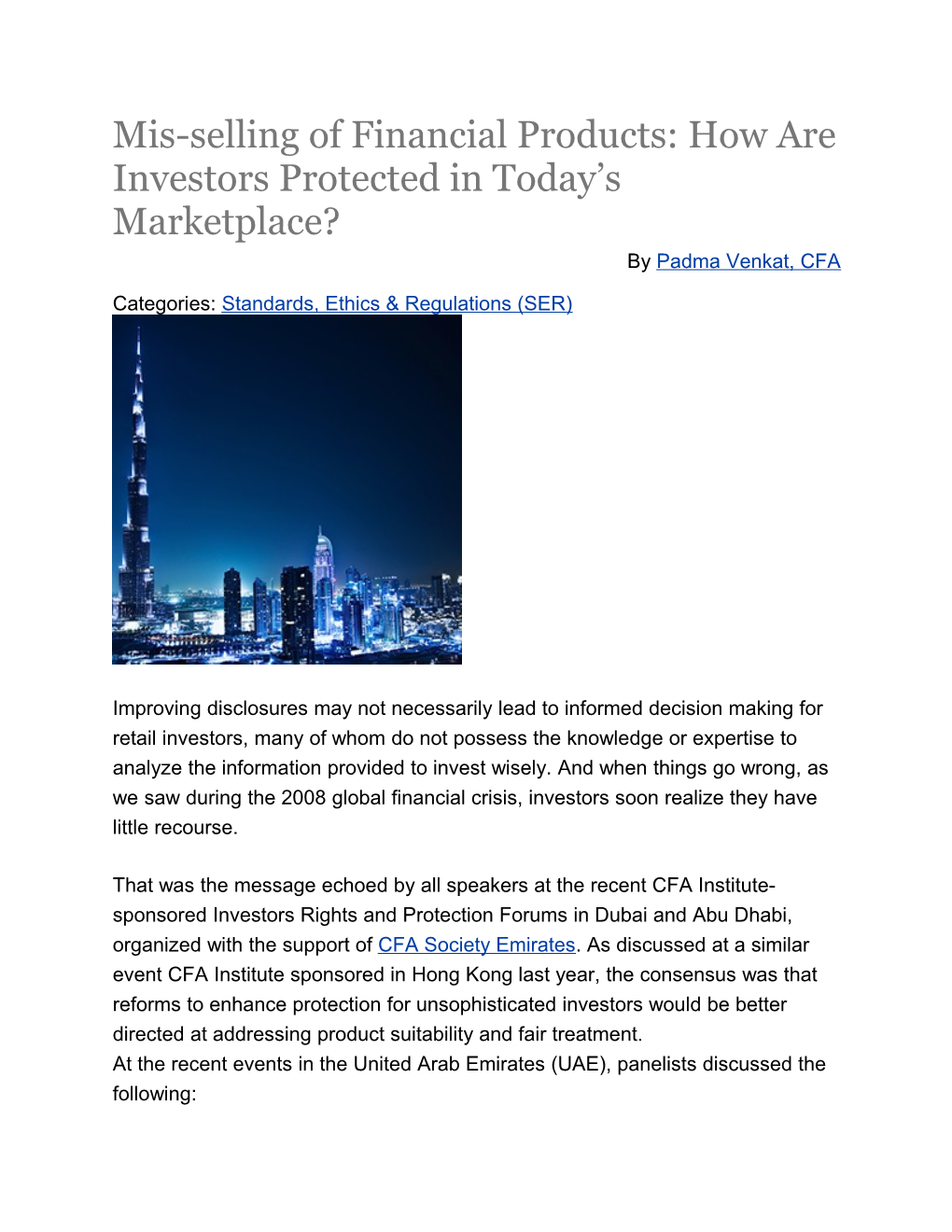 Mis-Selling of Financial Products: How Are Investors Protected in Today S Marketplace?