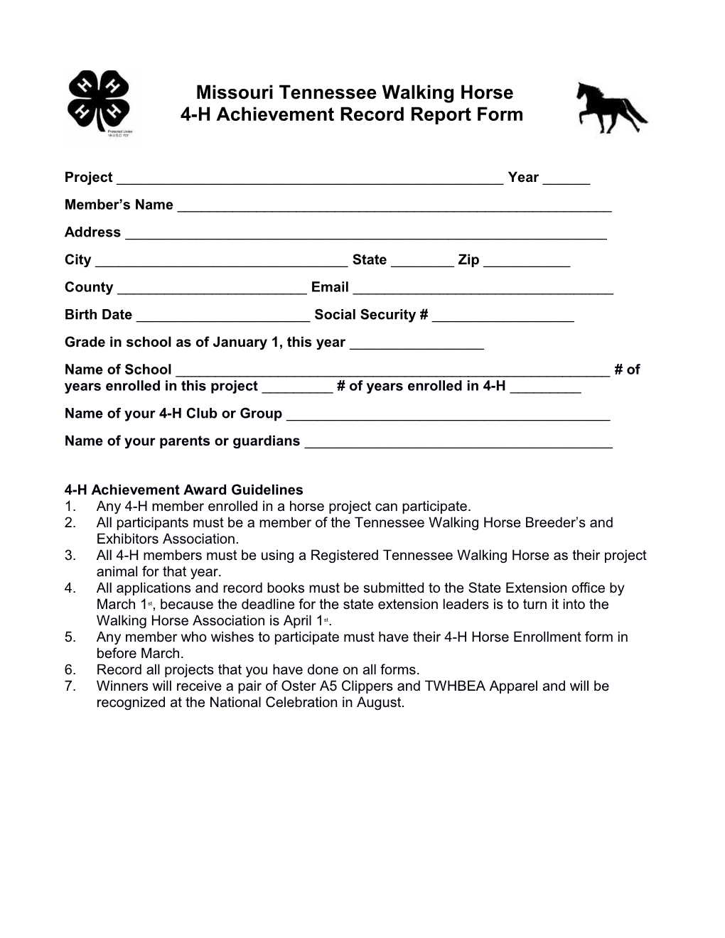 Missouritennessee Walking Horse 4-H Achievement Record Report Form