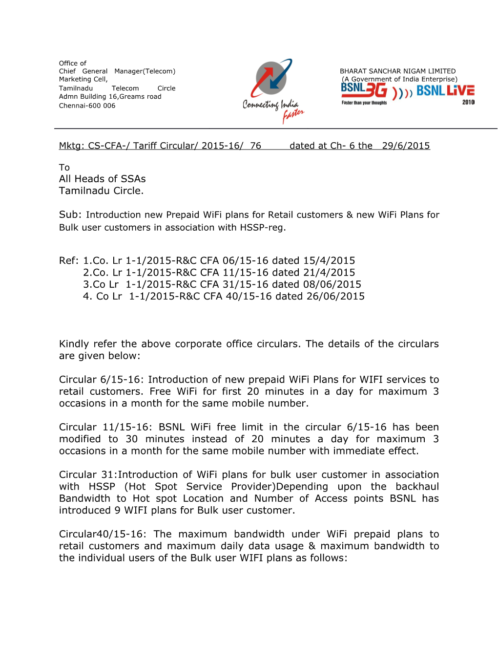 Mktg: CS-CFA-/ Tariff Circular/ 2015-16/ 76 Dated at Ch- 6 the 29/6/2015