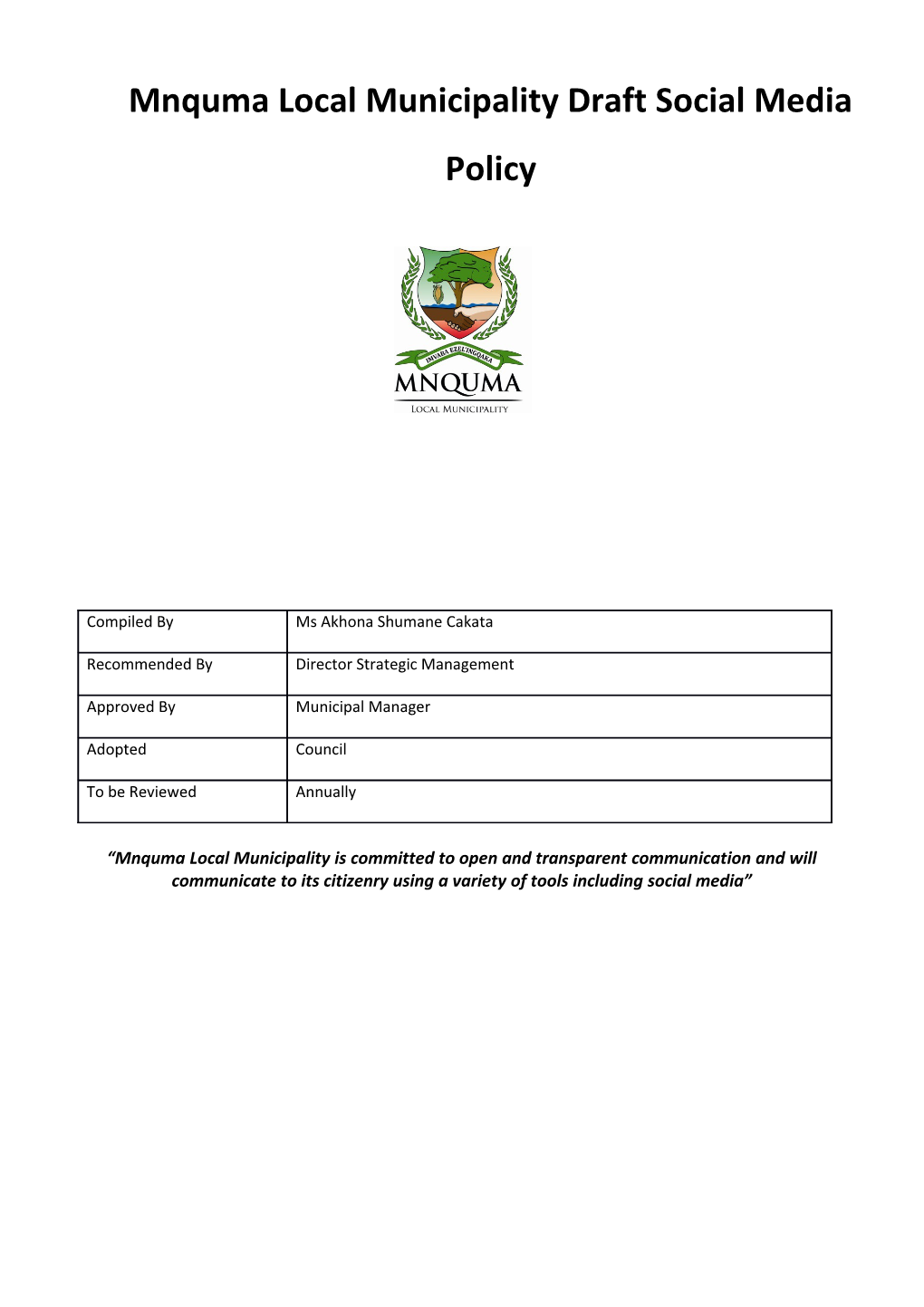 Mnquma Local Municipality Draft Social Media Policy