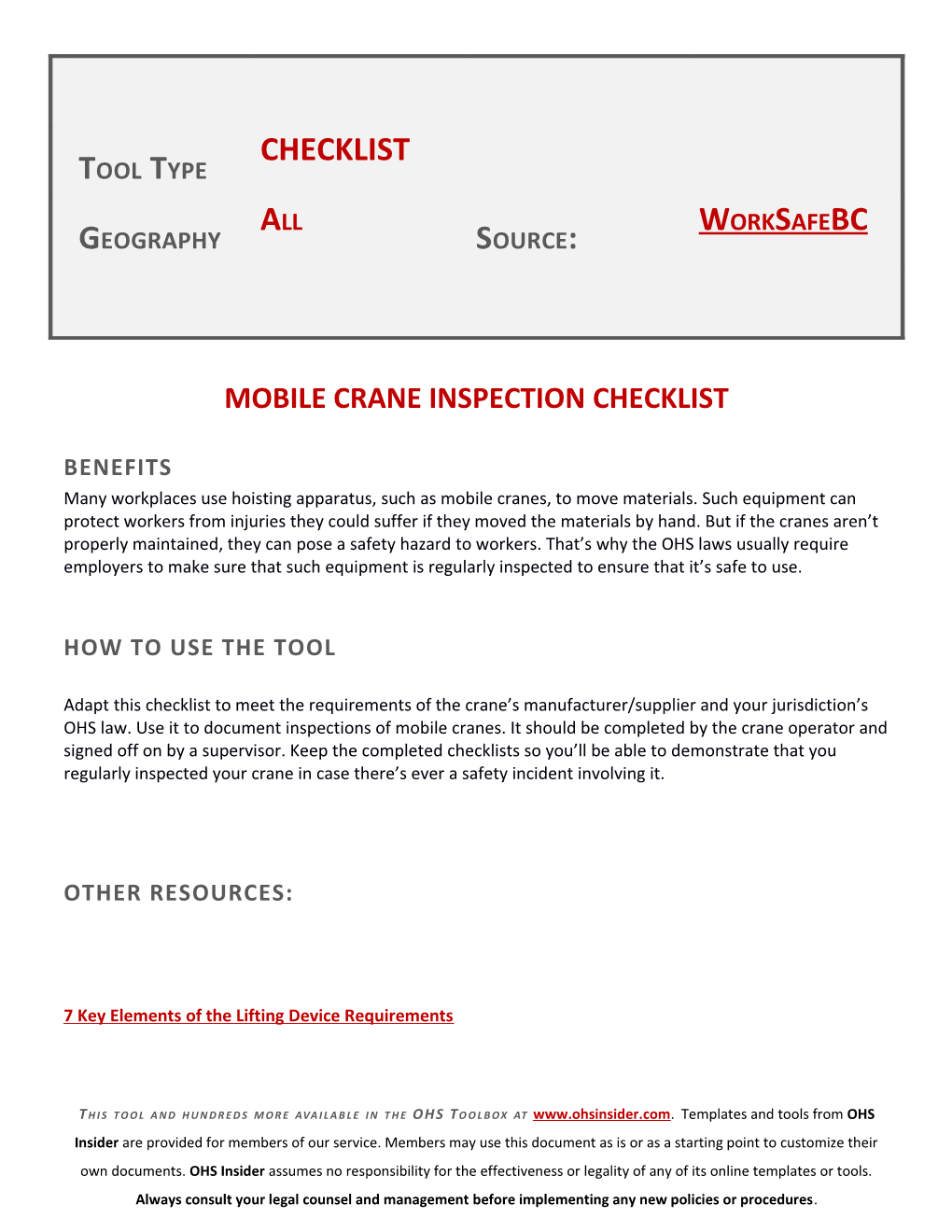 Mobile Crane Inspection Checklist