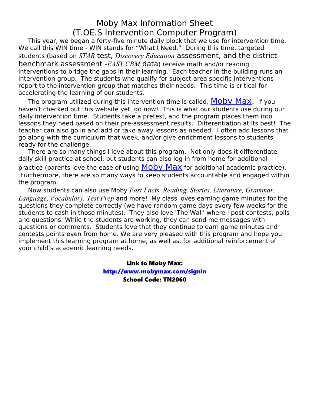 Moby Max Information Sheet