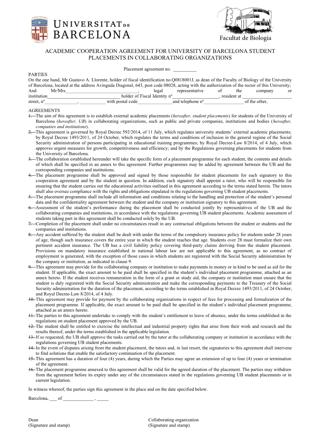 Model D Acord Intern De Pràctiques Curriculars En Serveis De La Universitat De Barcelona