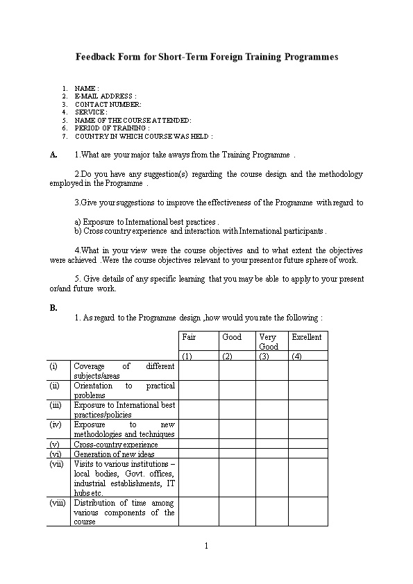 Model Feedback Form for the Use of Short-Term Foreign Training Programmes