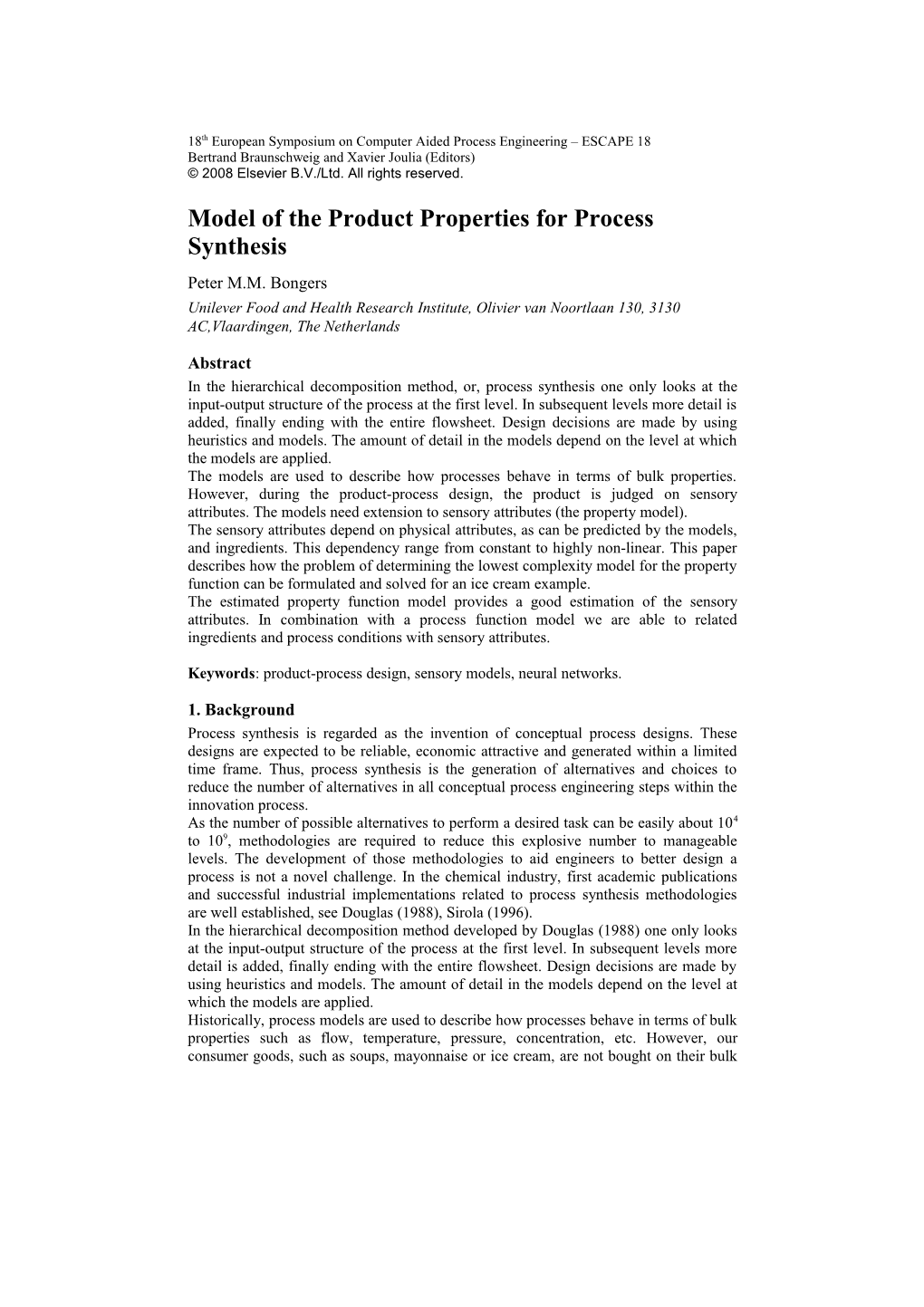 Model of the Product Properties for Process Synthesis
