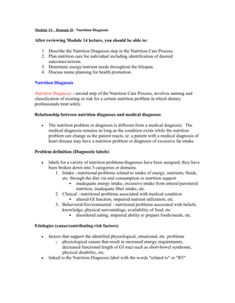Module 14 Domain II: Nutrition Diagnosis