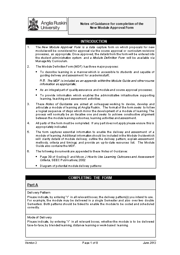 Module Definition Form (MDF) 15/30 Curriculum