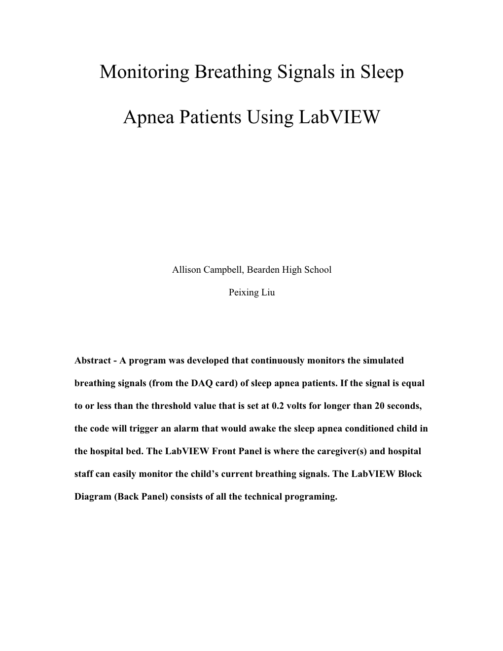 Monitoring Breathing Signals in Sleep Apnea Patients Using Labview