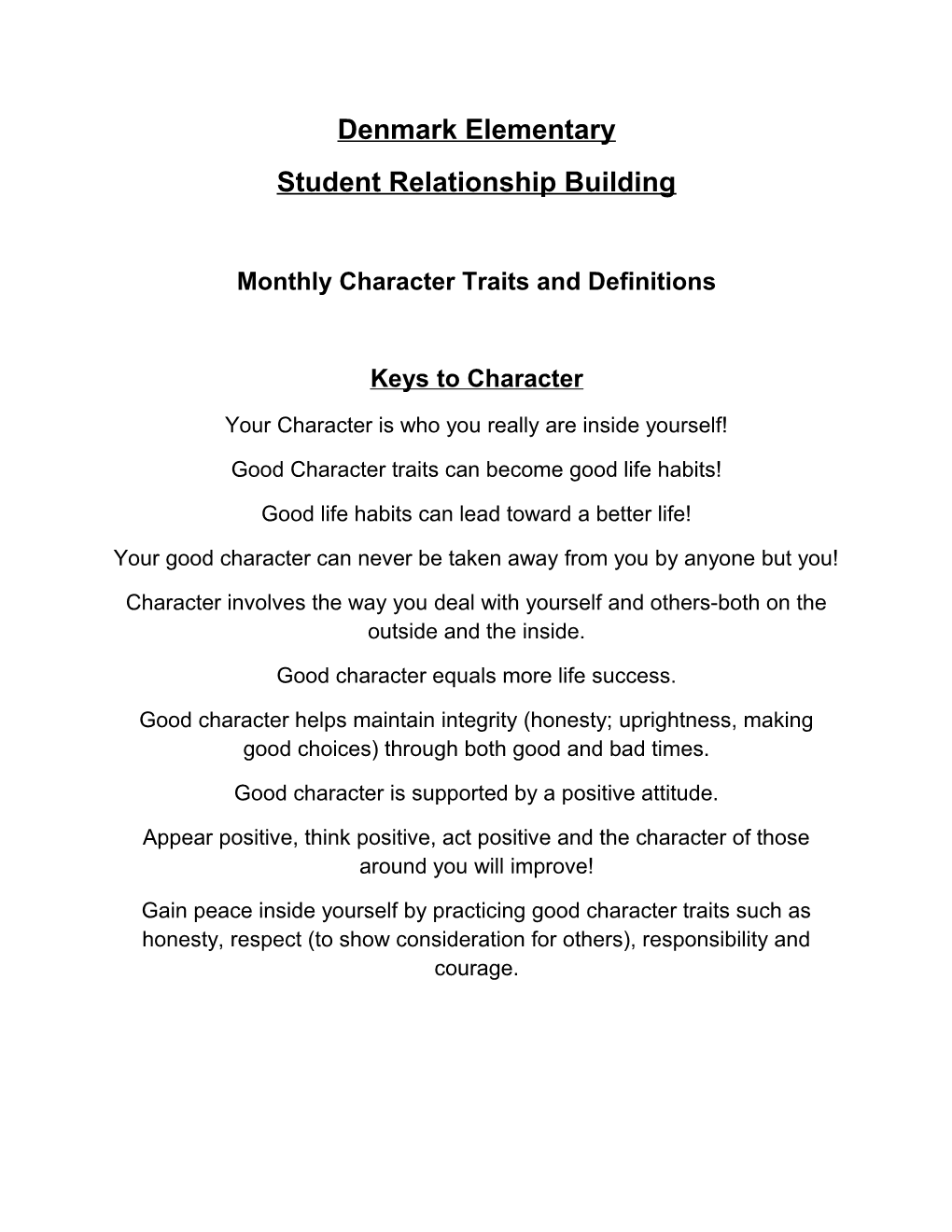 Monthly Character Traits and Definitions