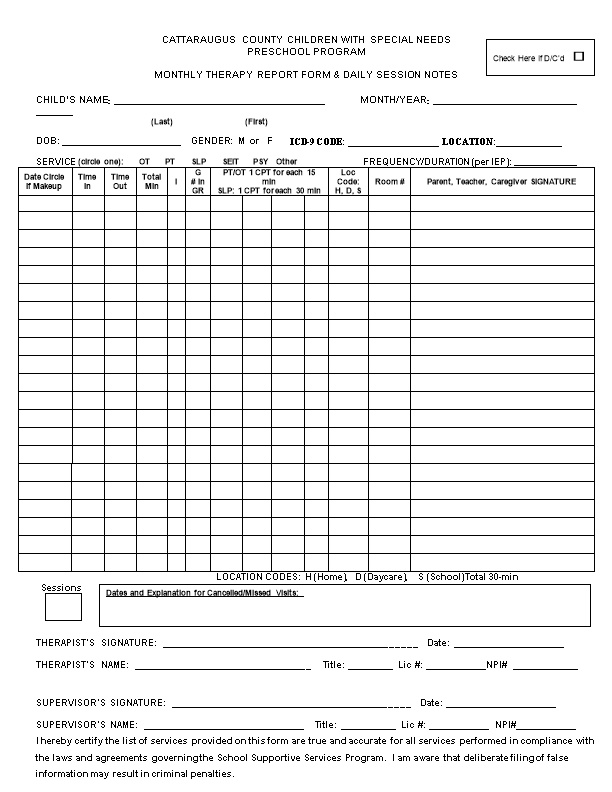 Monthly Therapy Report Form & Daily Session Notes