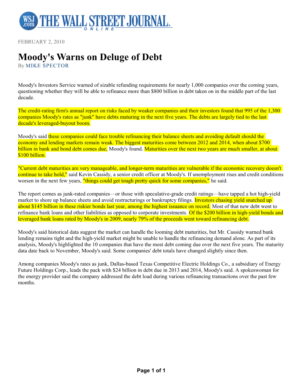Moody's Warns on Deluge of Debt