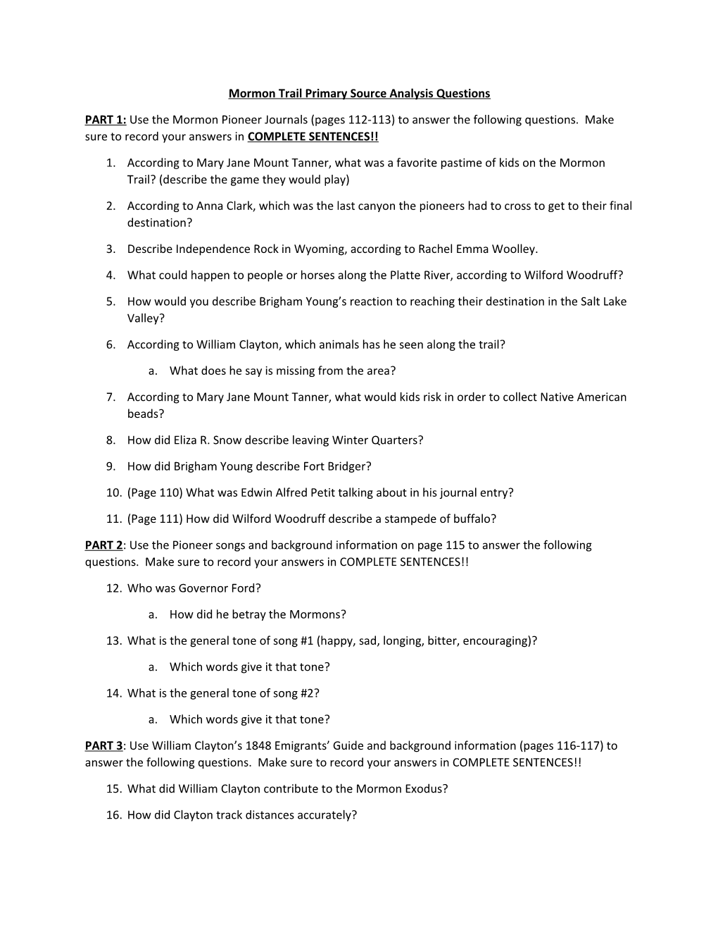 Mormon Trail Primary Source Analysis Questions