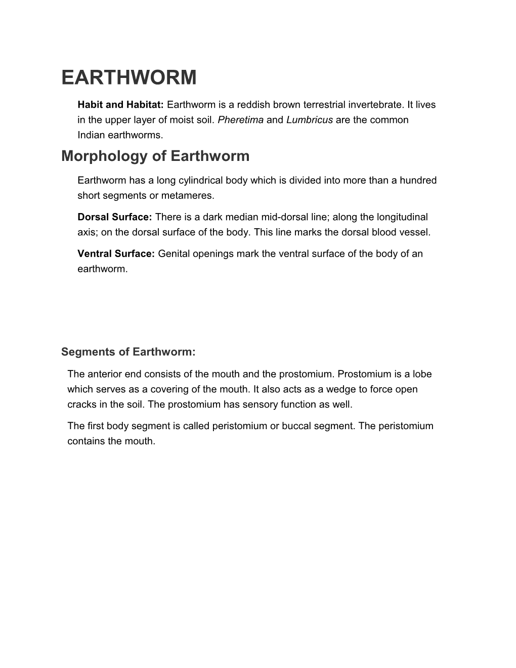 Morphology of Earthworm