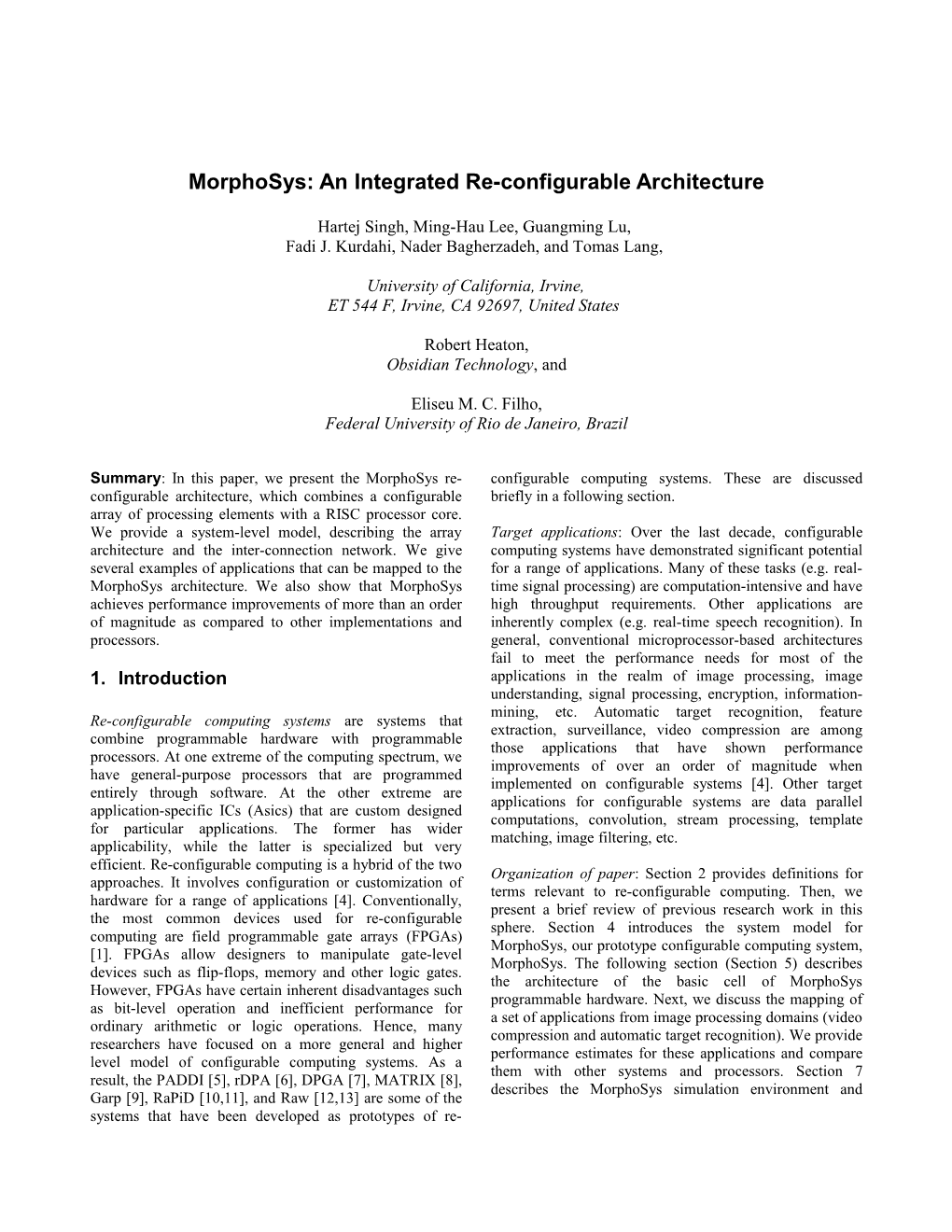 Morphosys: Reconfigurable Architecture
