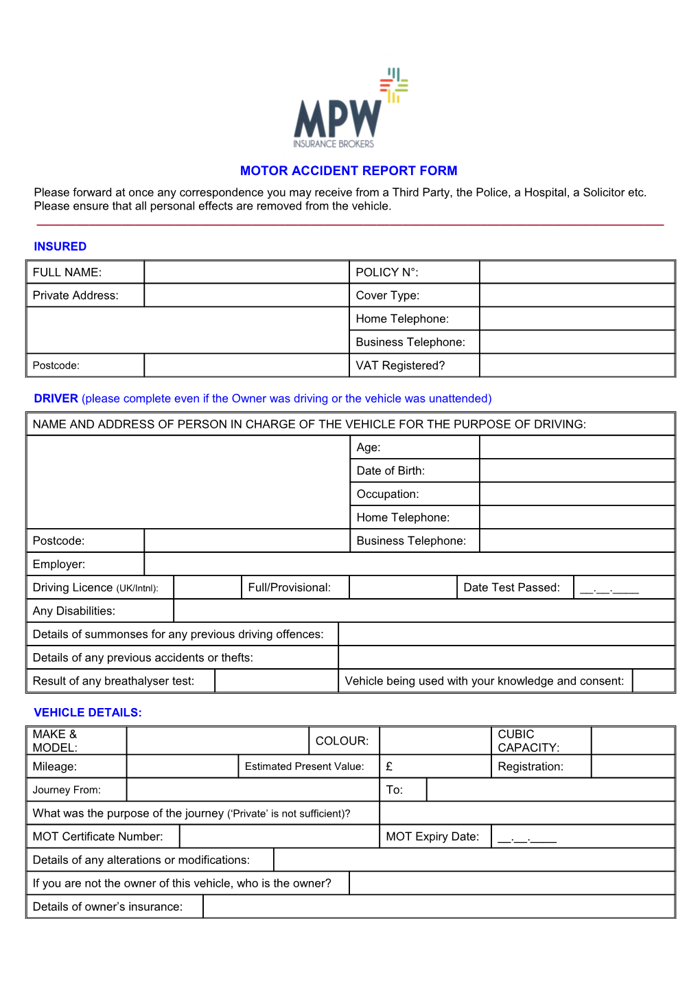 Motor Accident Report Form