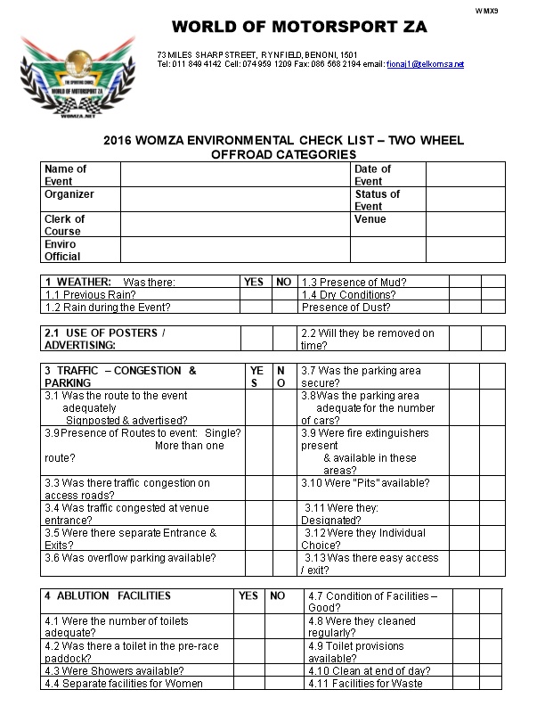 Motorsport Sa Environmental Check List All Categories