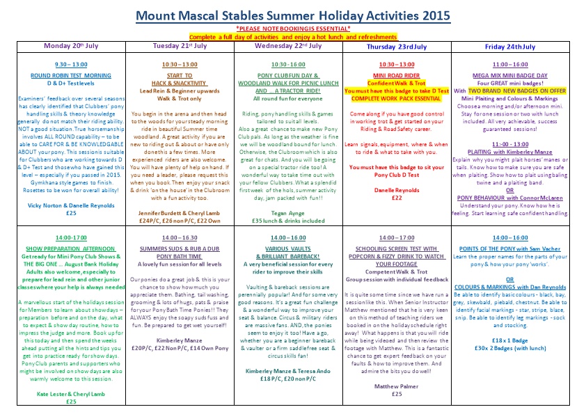 Mount Mascal Stables Summer Holiday Activities 2015