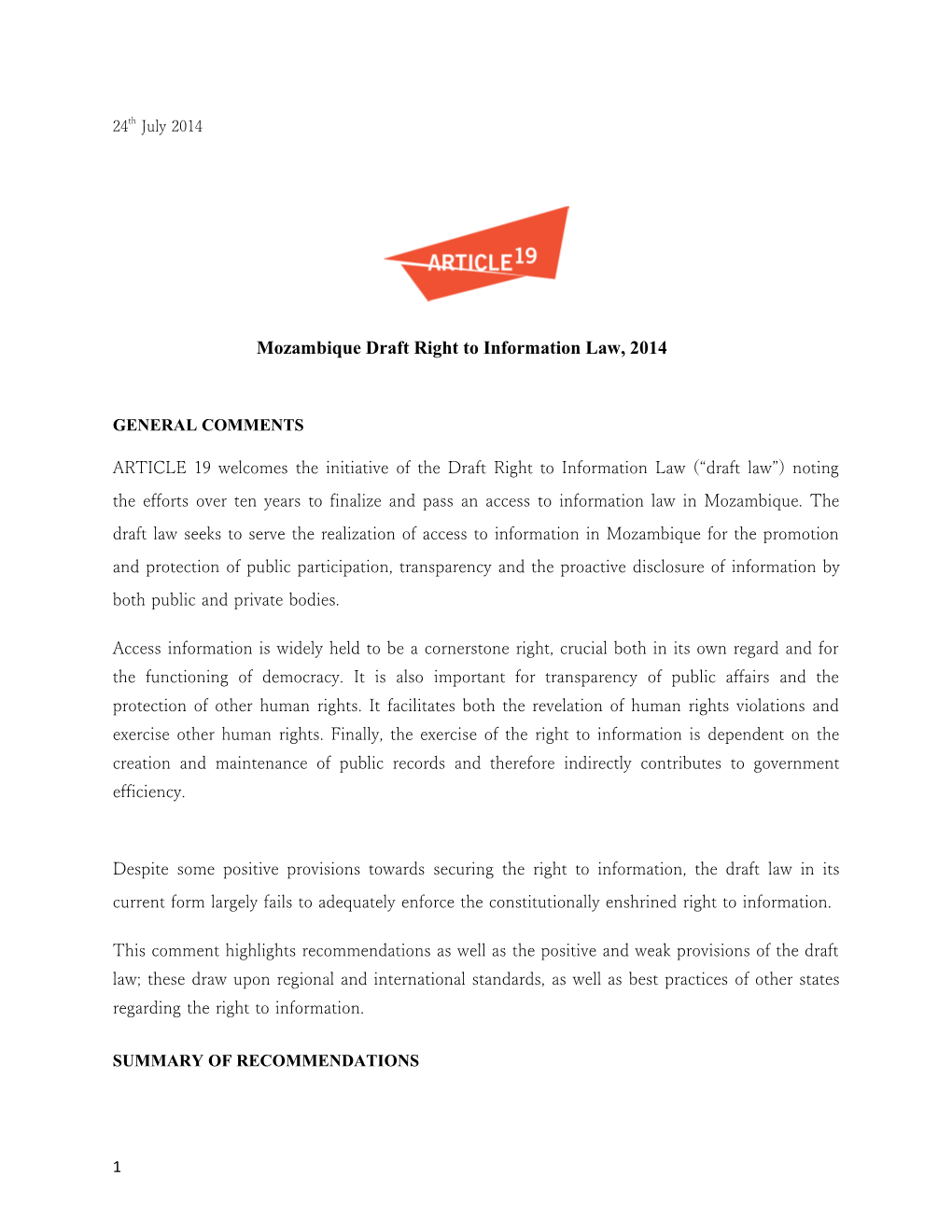 Mozambique Draft Right to Information Law, 2014