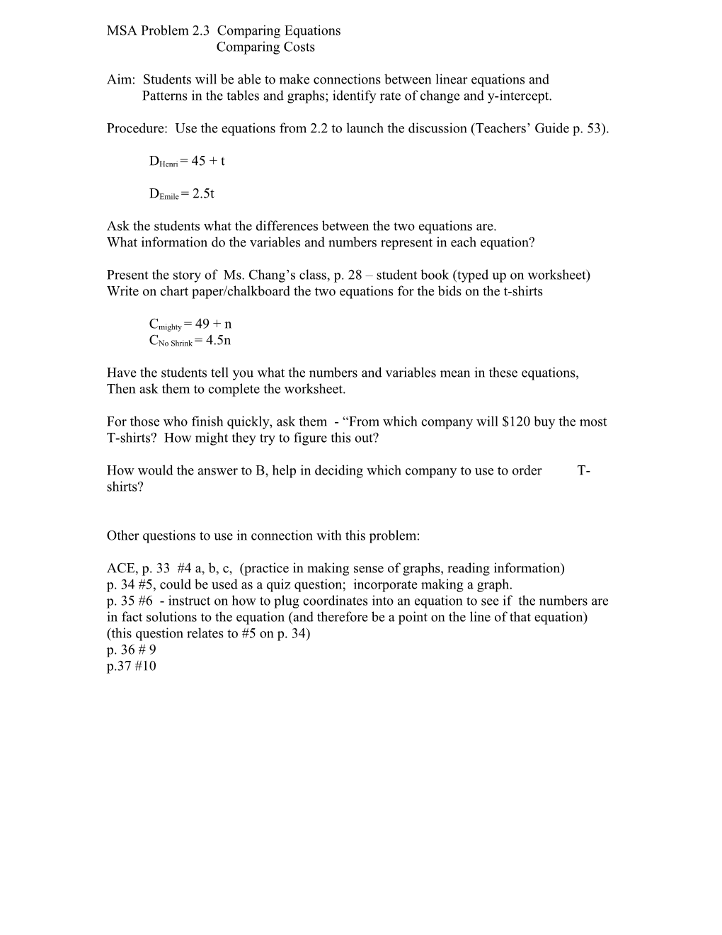 MSA Problem 2.3 Comparing Equations
