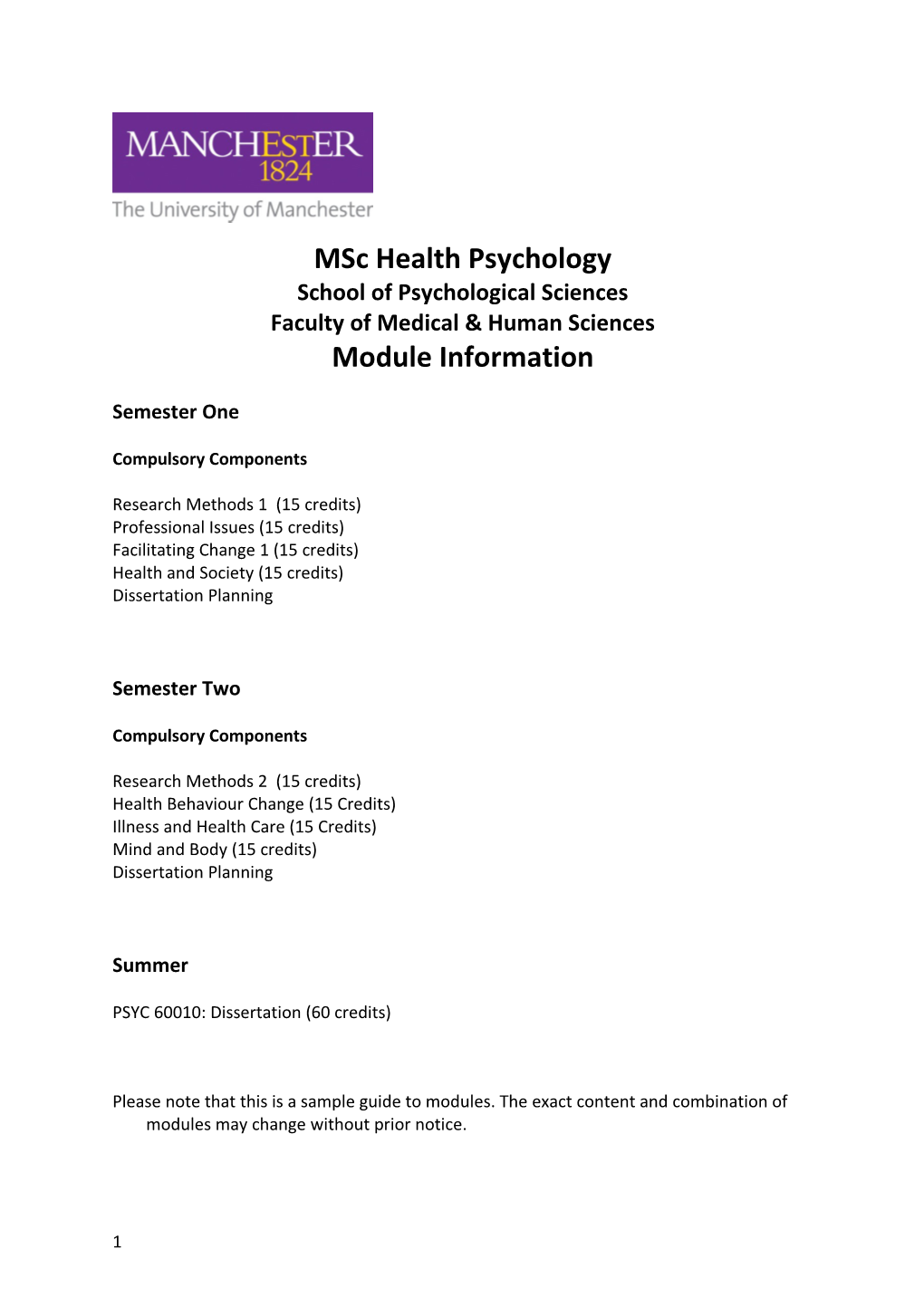 Msc Health Psychology