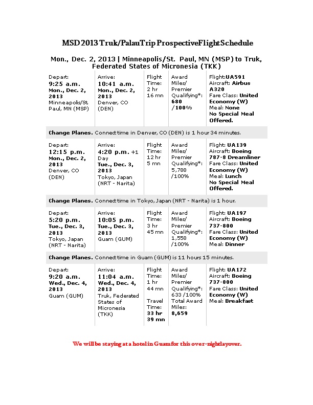 MSD 2013 Truk/Palau Trip Prospective Flight Schedule