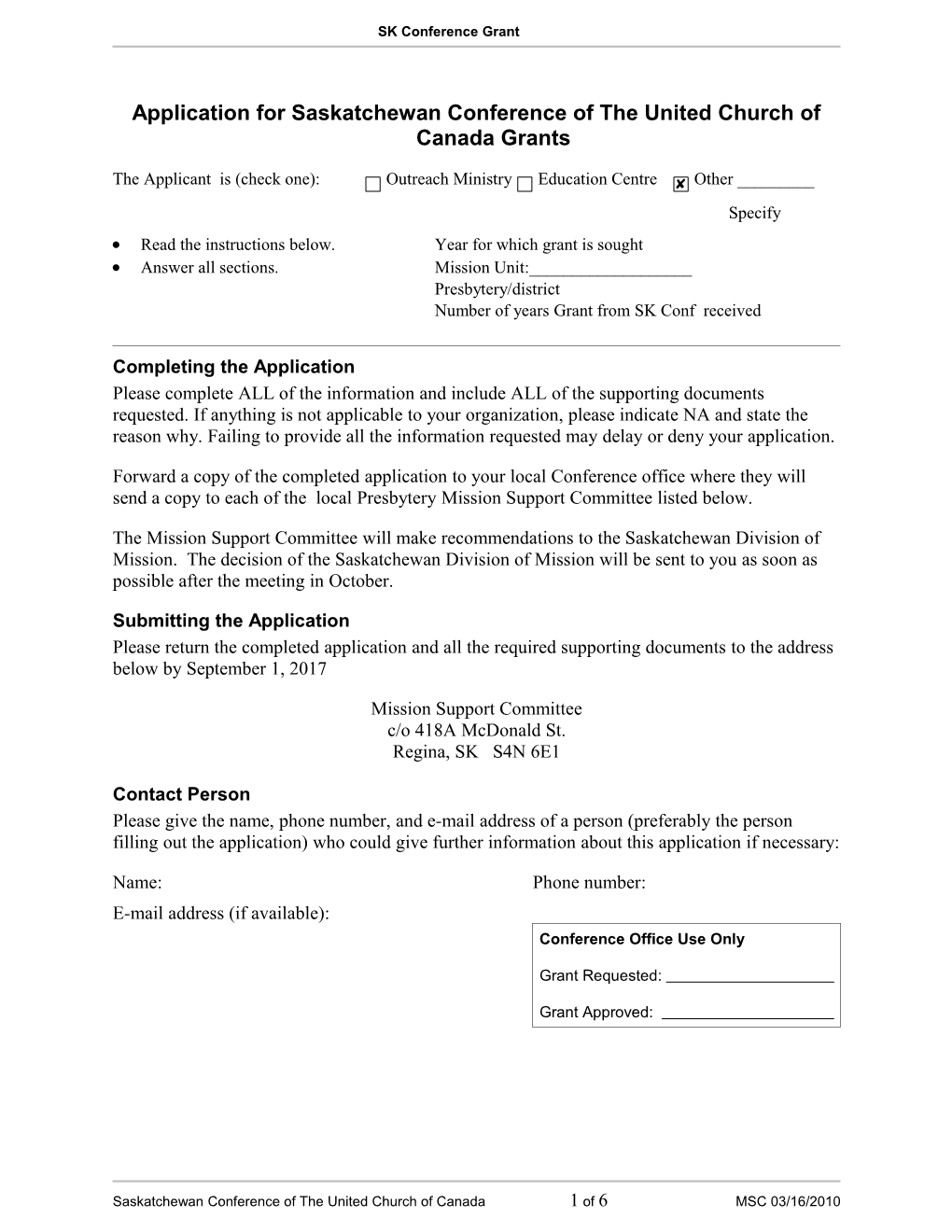 MSG 7: Application for United Church Mission Outreach Ministry and Social Issues Projects