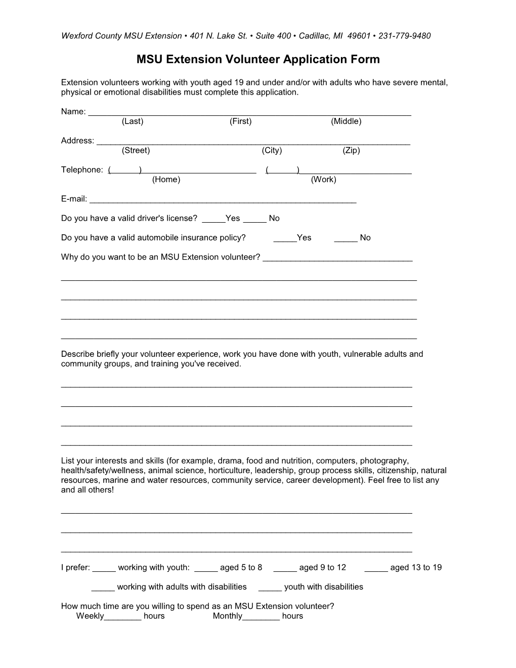 MSU Extension Volunteer Application Form