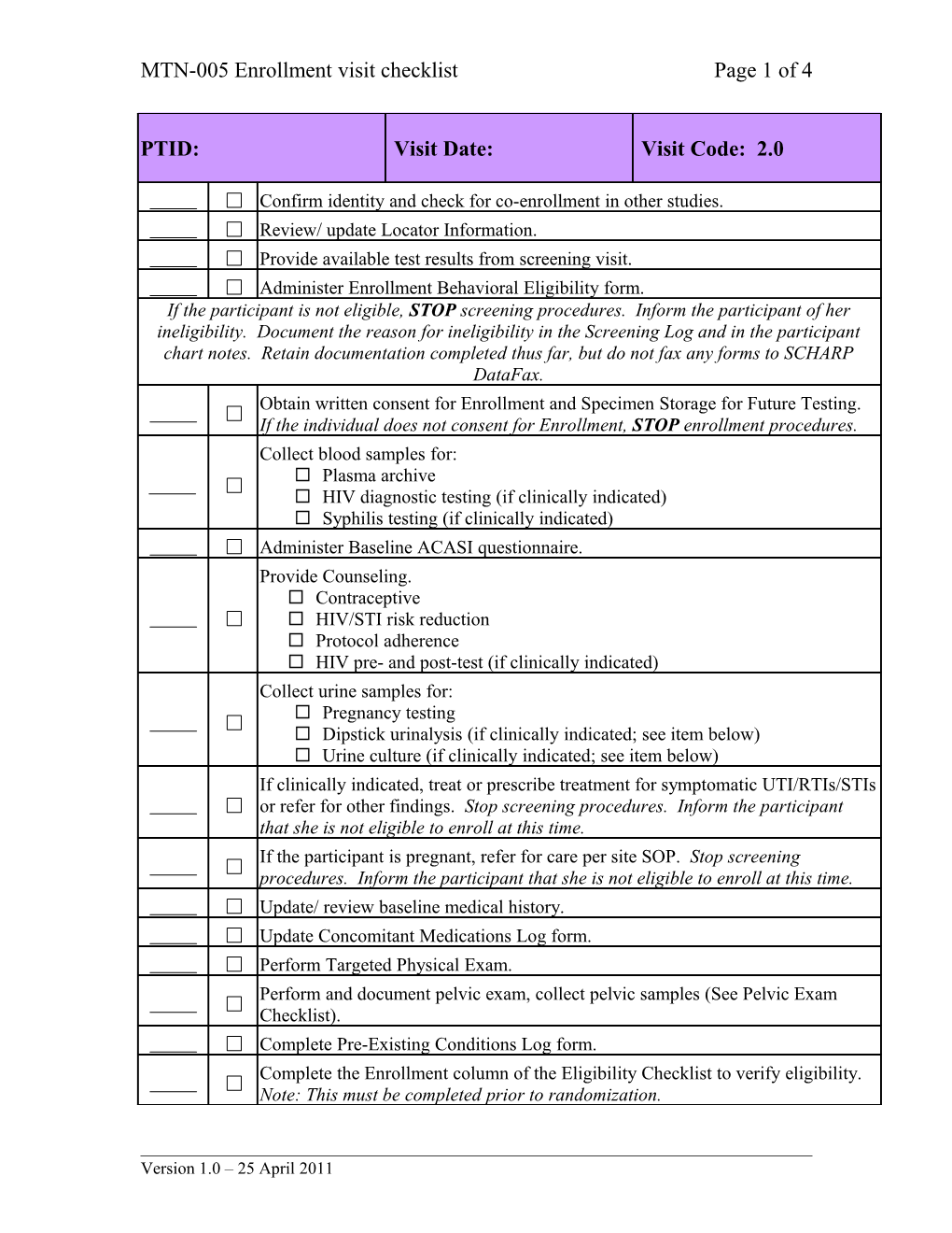 MTN-005 Enrollment Visit Checklistpage 1 of 4