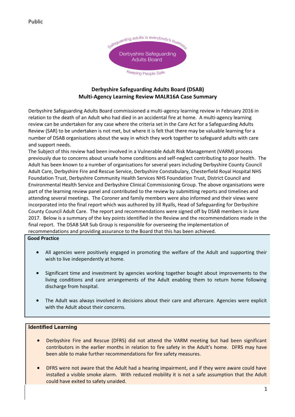 Multi Agency Learning Review MALR16A Case Summary